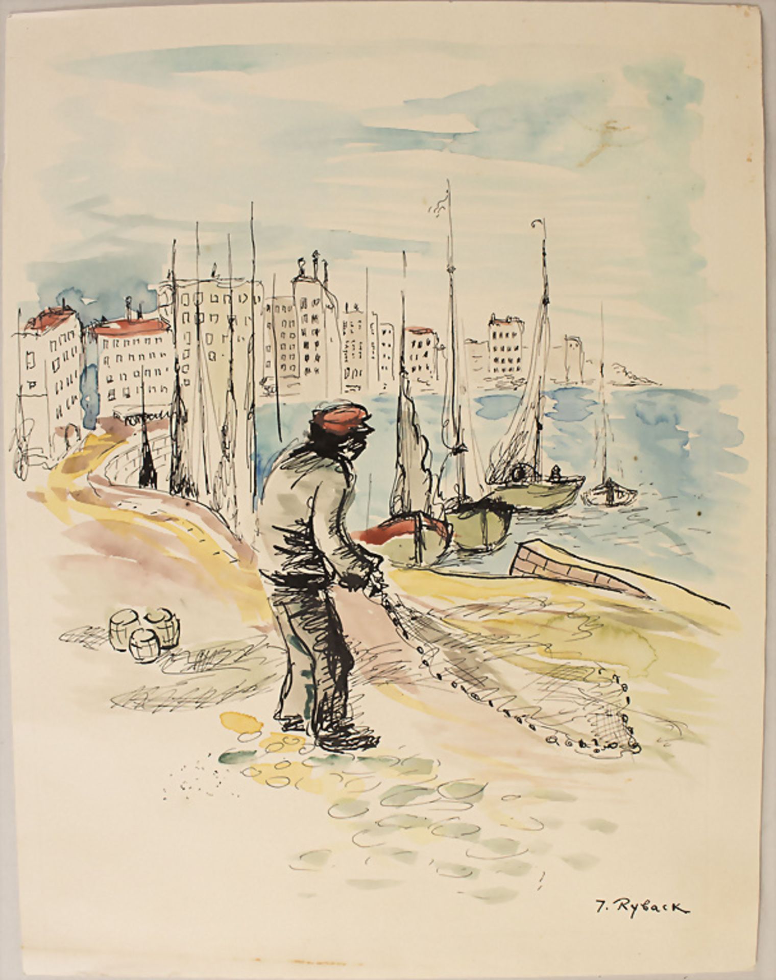 Issachar Ber Ryback (1897-1937), 'Fischer am Hafen' / 'A fisherman at the harbour', Anfang 20. Jh. - Bild 2 aus 4
