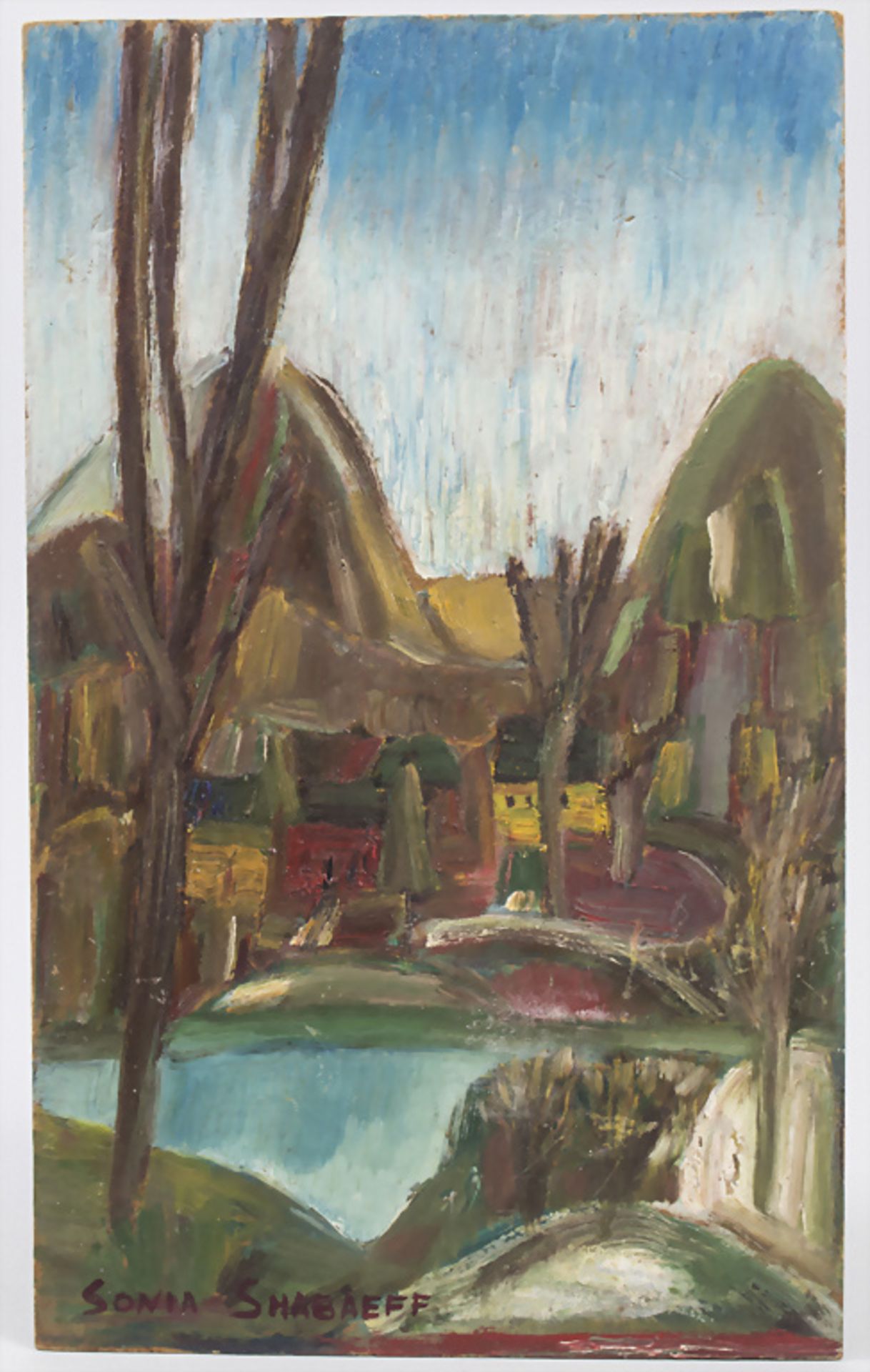 Sonia Shabaeff (20. Jh.), 'Uferlandschaft mit Häusern' / 'Landscape with houses'