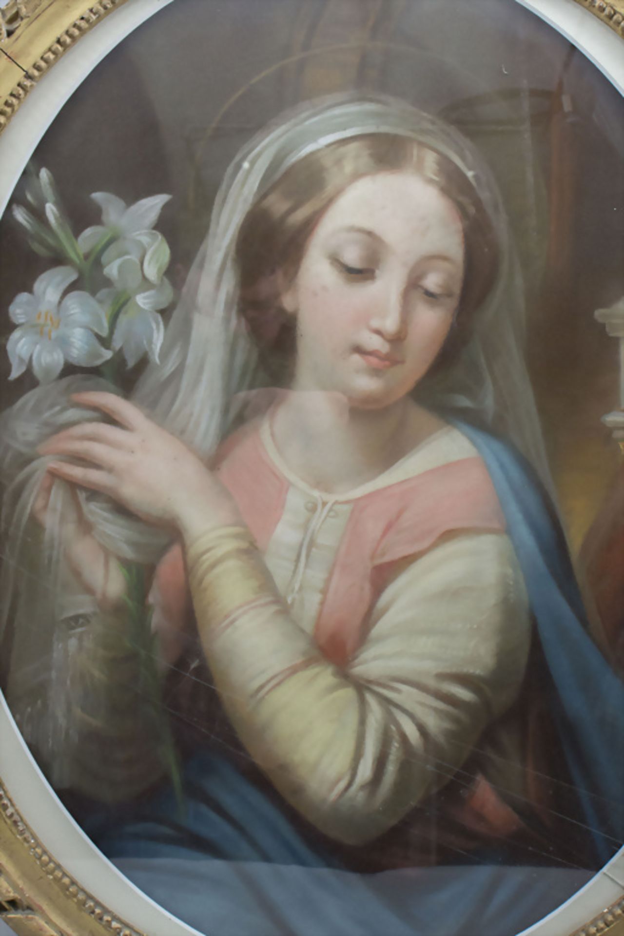 Unbekannter Künstler des 19. Jh., 'Heilige Maria mit Lilie' / 'Holy Mary with a lily', 1859 - Image 4 of 6