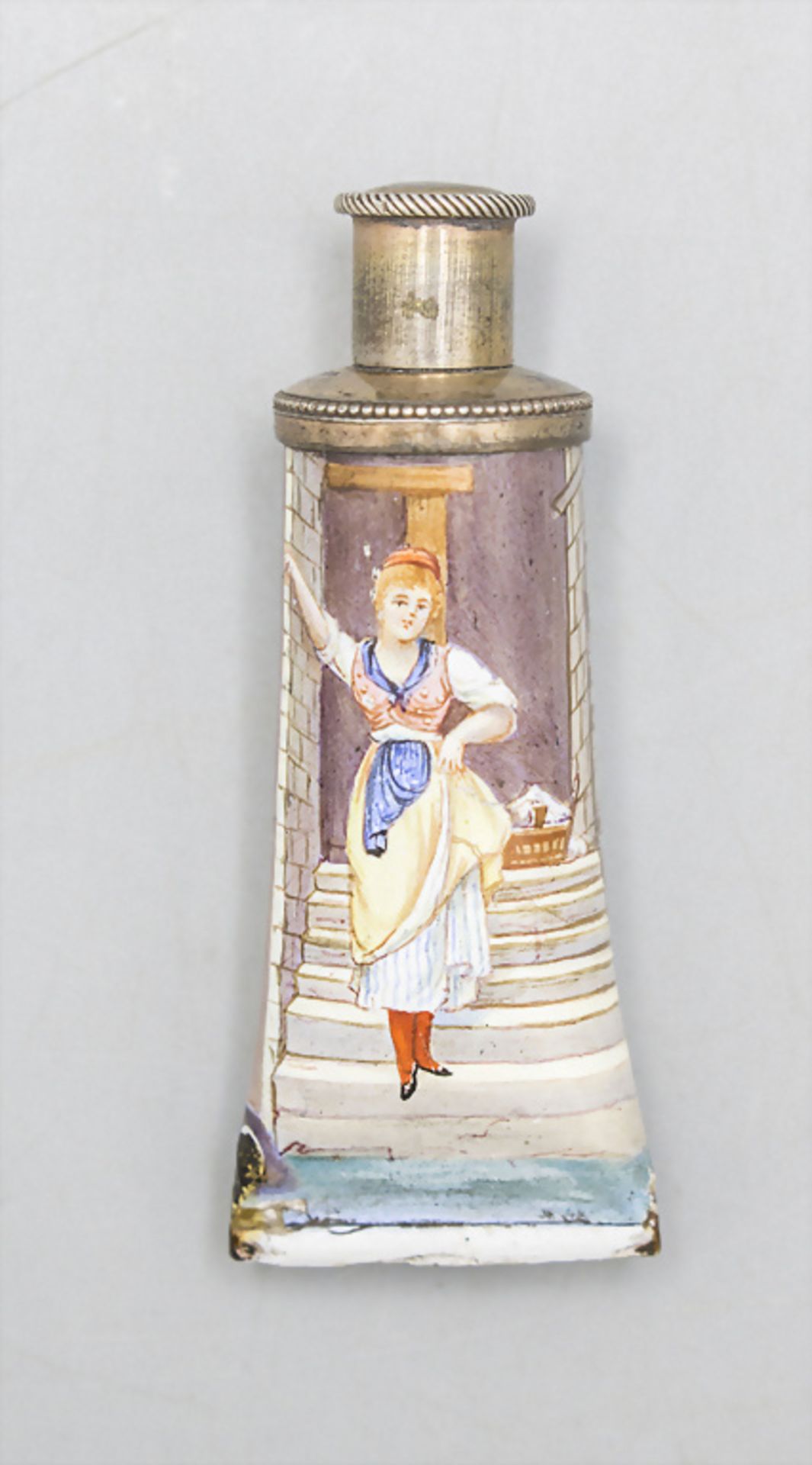 Miniatur Parfümflakon in Form einer Tube / A miniature enamelled tube shaped silver perfume ...