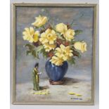 Signaturist des 20. Jh. 'Blumenstillleben mit Gelehrten-Figur' / 'A flower still life with a ...