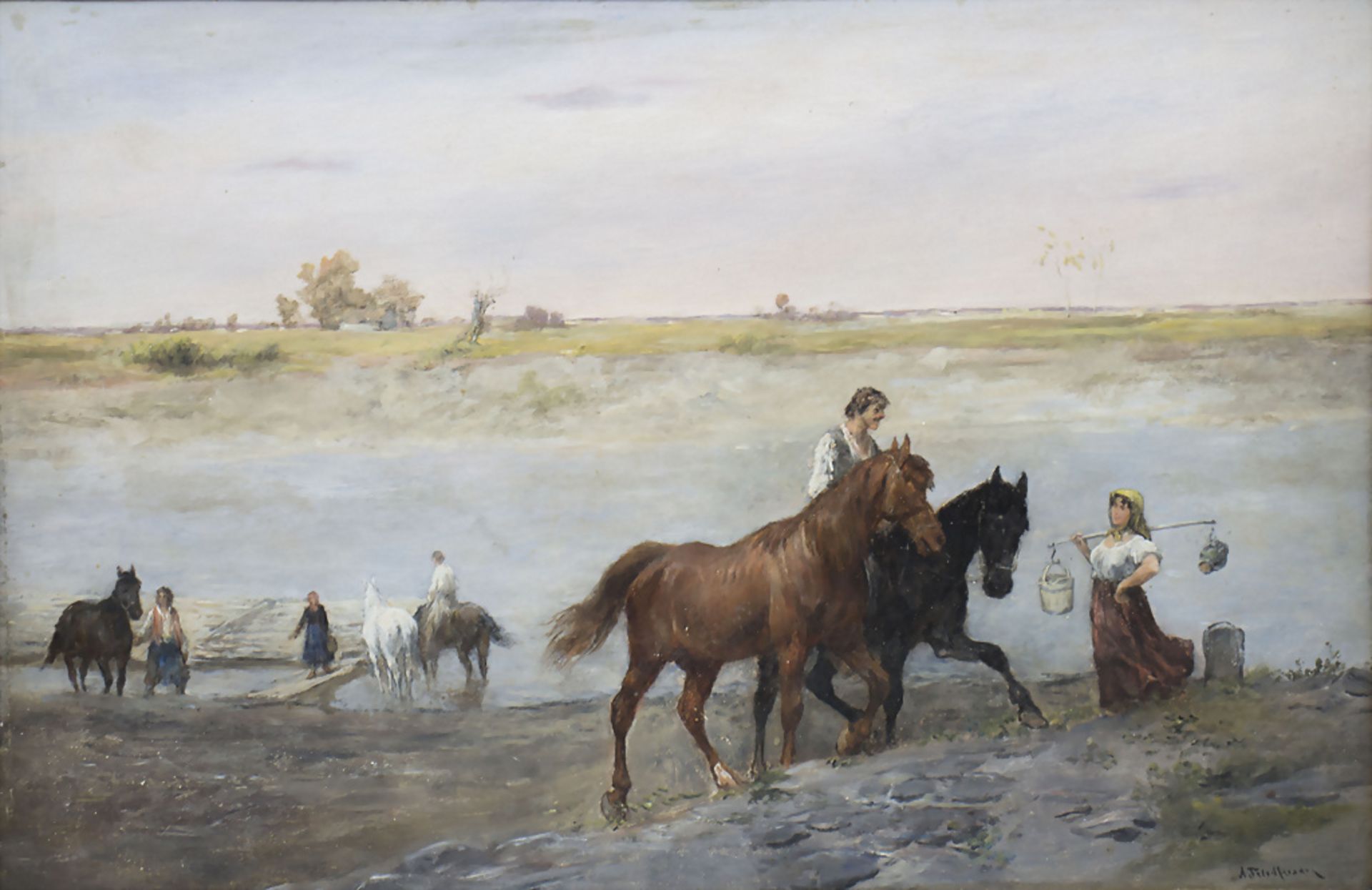 Alfred FRIEDLÄNDER (1860-1933), Ritter von Malheim, 'Uferlandschaft mit Pferden' / 'A ...