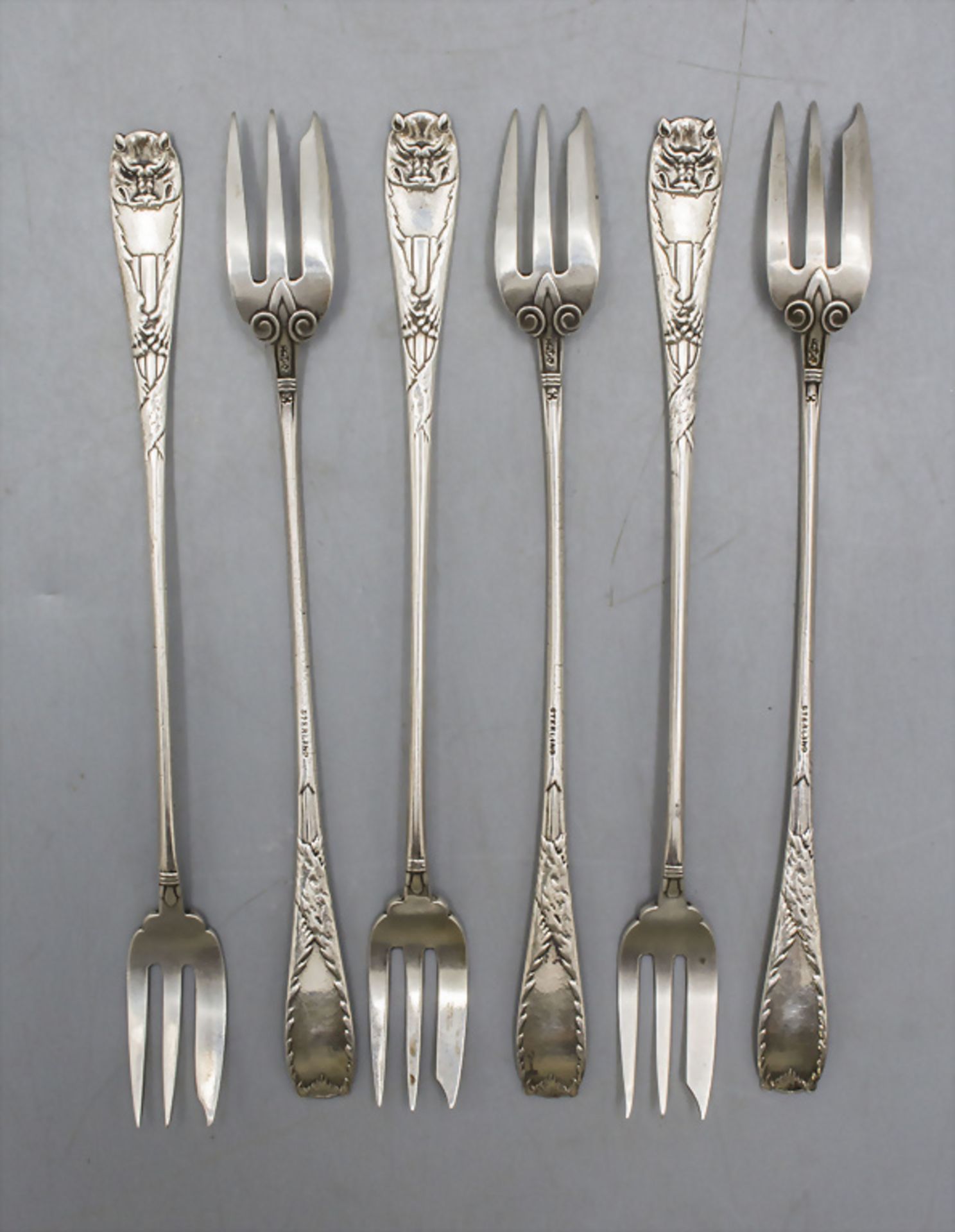 6 seltene Jugendstil Meeresfrüchte Cocktail Gabeln / A rare set of 6 Art Nouveau Sterling ... - Image 2 of 6