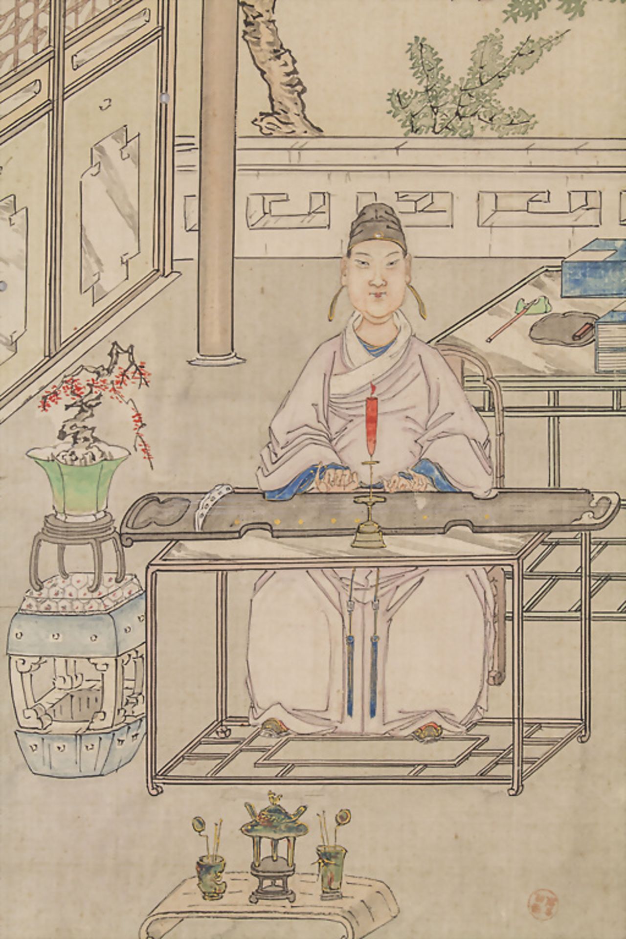 Seidenmalerei mit Figurenstaffage / A figural silk painting, China, Qing-Dynastie (1644-1911), ...