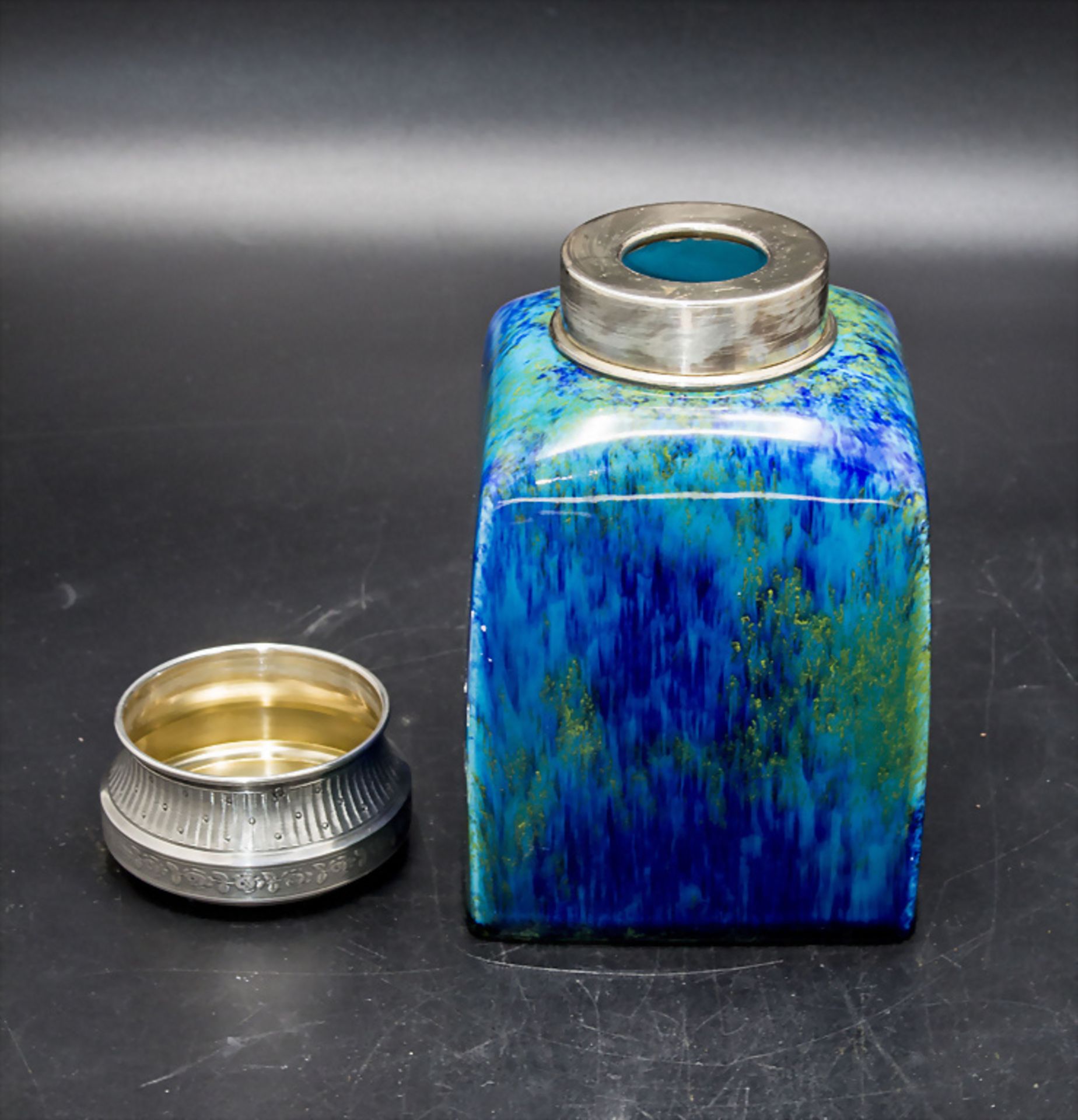 Blaue Jugendstil Teedose mit Silberdeckel / A blue Art Nouveau tea caddy with silver lid, Paul ... - Bild 3 aus 5