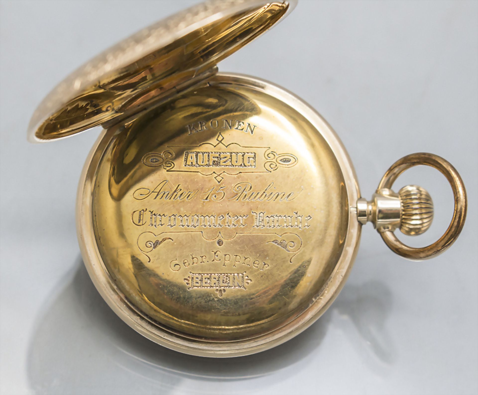 Savonette Taschenuhr Chronometer / A 14 ct gold open face pocket watch, Gebr. Eppner, Berlin, ... - Image 7 of 9