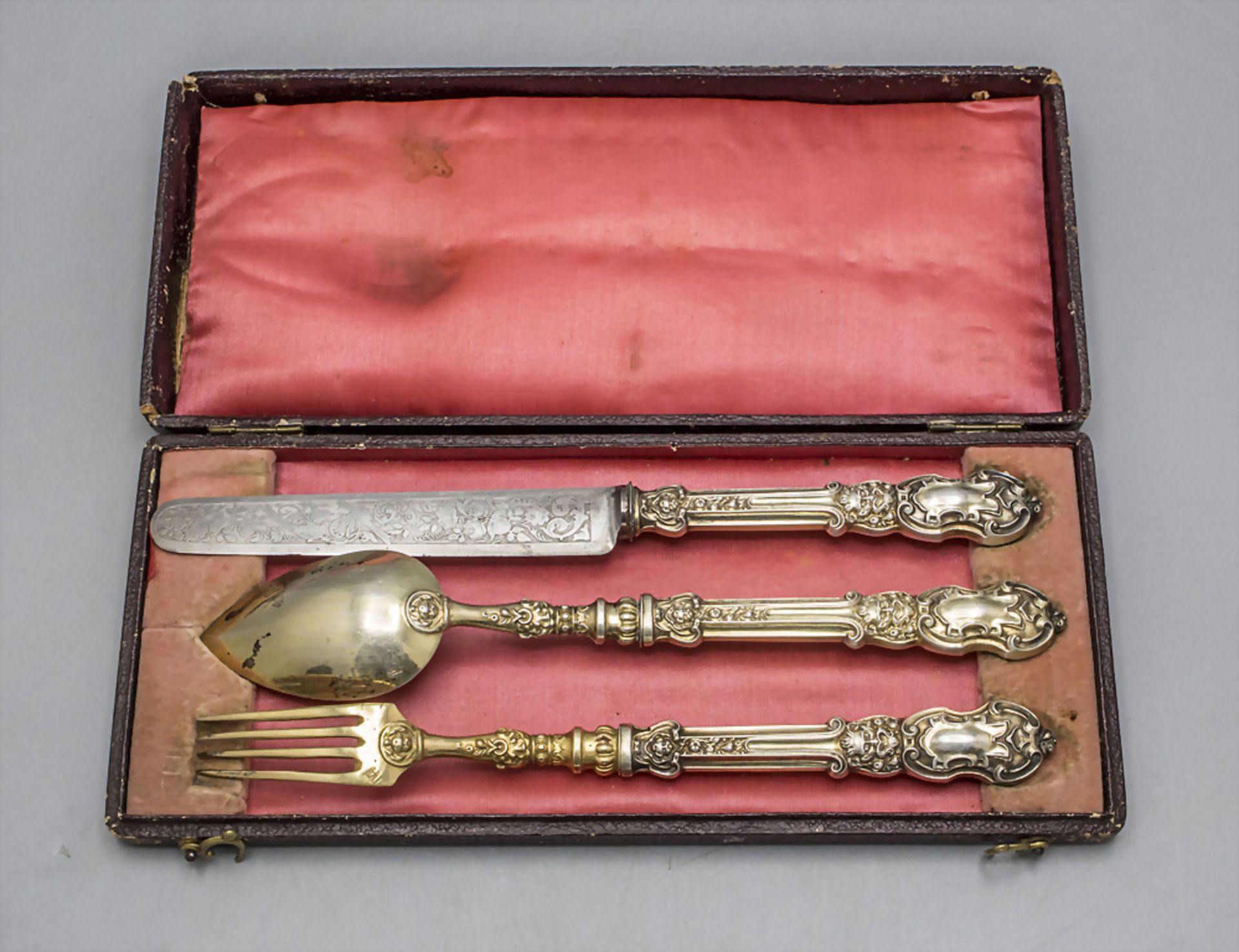 3 Teile Besteck im Etui / 3 pieces of silver cutlery in a box, Joseph Henry, Paris, 1841-1846