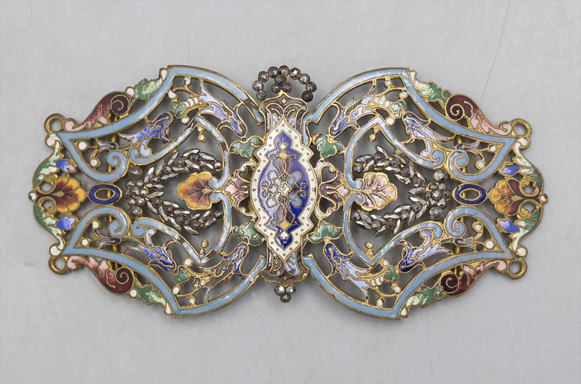 Emaillierte Jugendstil Gürtelschließe / An Art Nouveau enamelled 2 piece belt buckle, ...