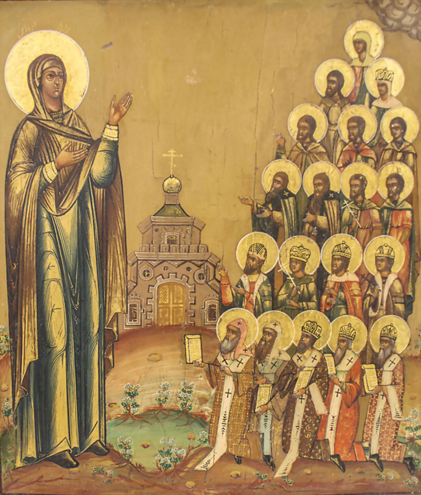 Ikone mit Mutter Gottes und Heiligen / An icon with Mother of God and Saints, Russland, 18./19. Jh. - Bild 2 aus 6