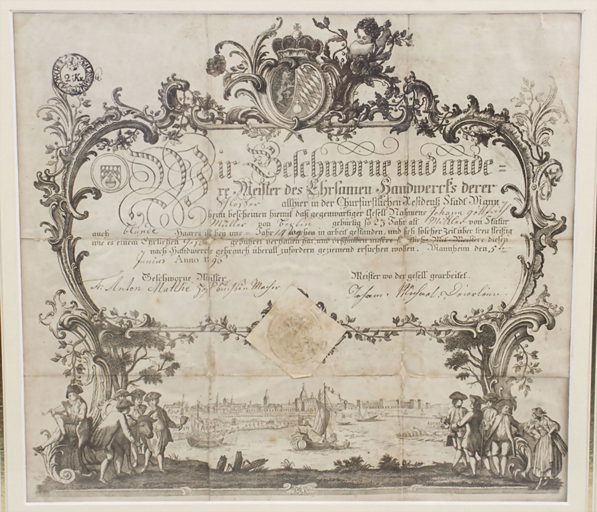 Meisterbrief Schlosser 'Johann Gottfried Müller', Kurfürstliche Residenz Mannheim, 1796