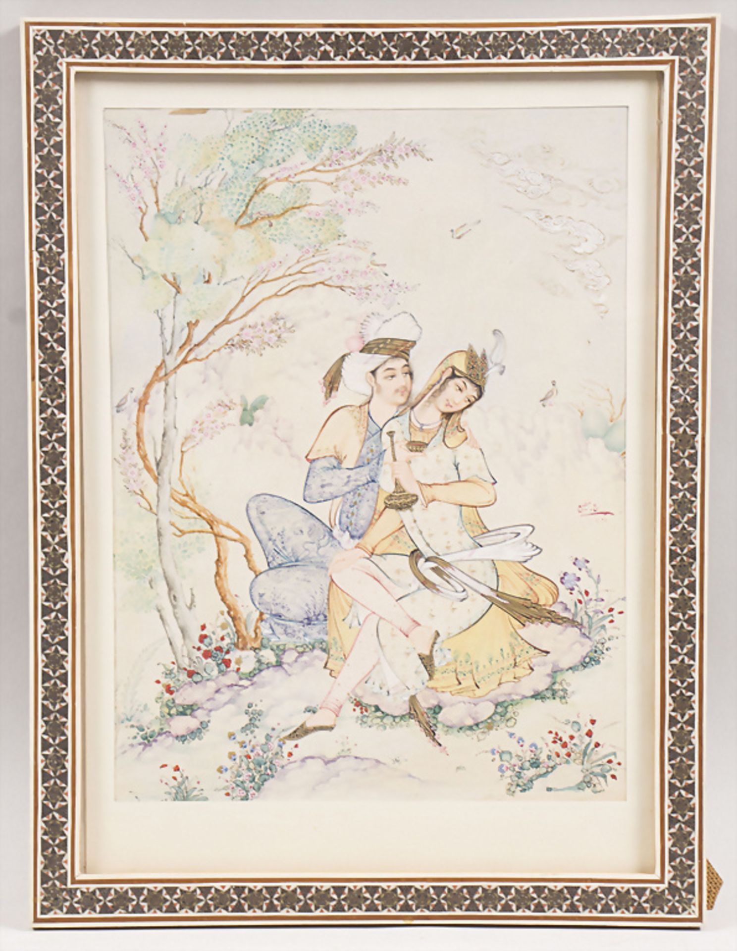 Aquarellmalerei 'Orientalisches Liebespaar' / A watercolor painting 'Oriental lovers', wohl Persien - Image 2 of 3