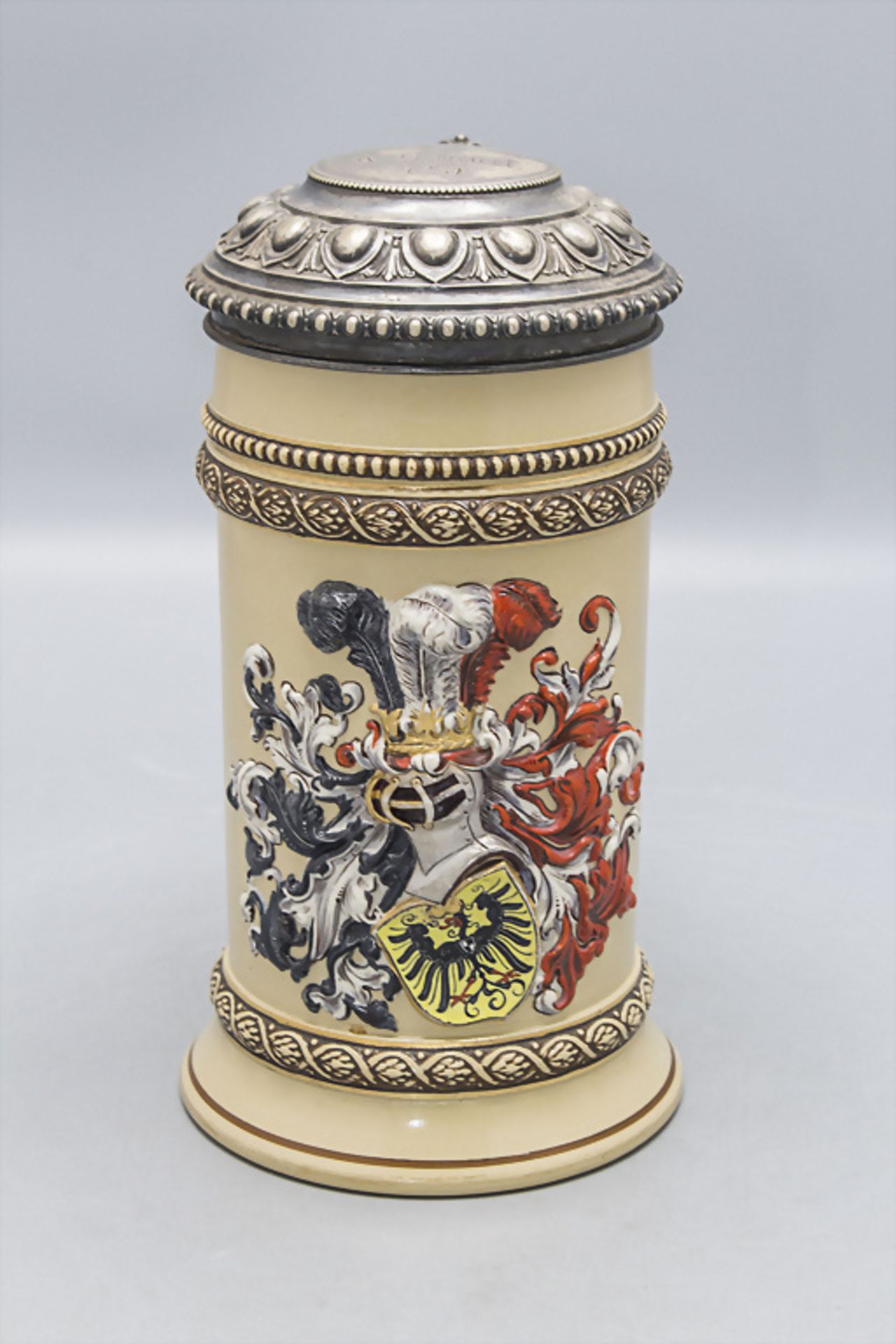 Bierkrug / A beer mug with silver lid, Villeroy & Boch, Mettlach, um 1889