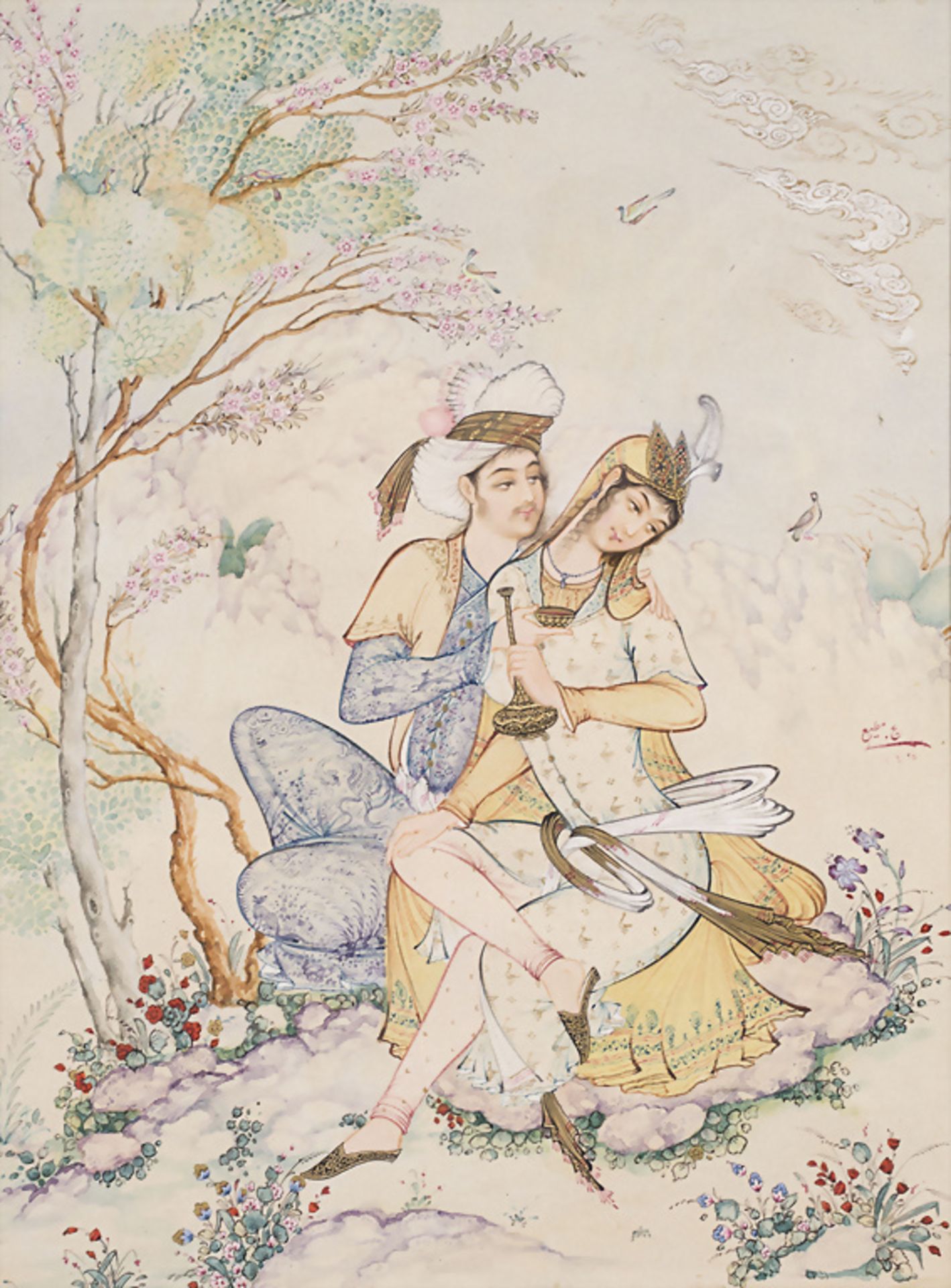 Aquarellmalerei 'Orientalisches Liebespaar' / A watercolor painting 'Oriental lovers', wohl Persien