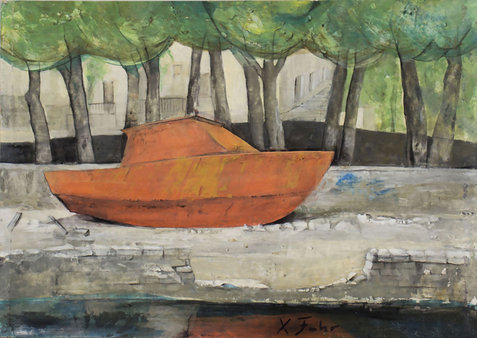 Signaturist X. Fuhr, 'Boot am Flussufer' / 'Boat on the riverbank'