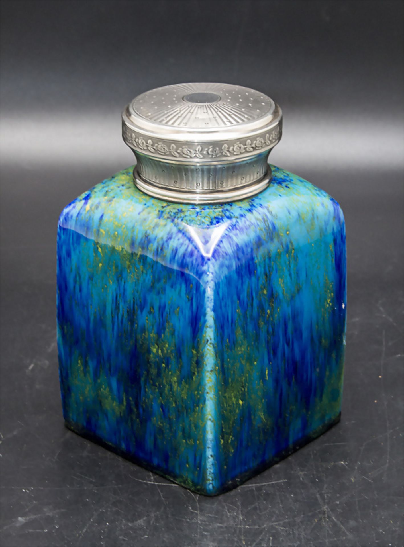 Blaue Jugendstil Teedose mit Silberdeckel / A blue Art Nouveau tea caddy with silver lid, Paul ... - Bild 2 aus 5