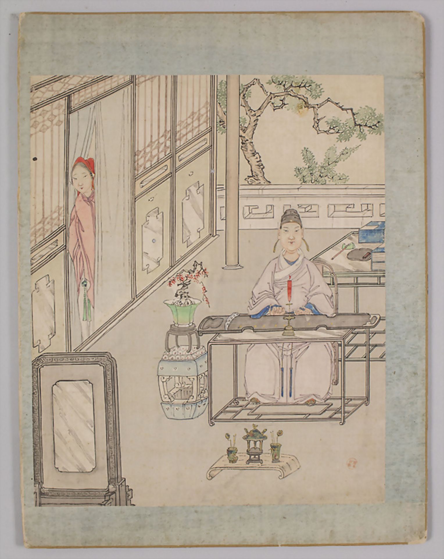 Seidenmalerei mit Figurenstaffage / A figural silk painting, China, Qing-Dynastie (1644-1911), ... - Image 2 of 3