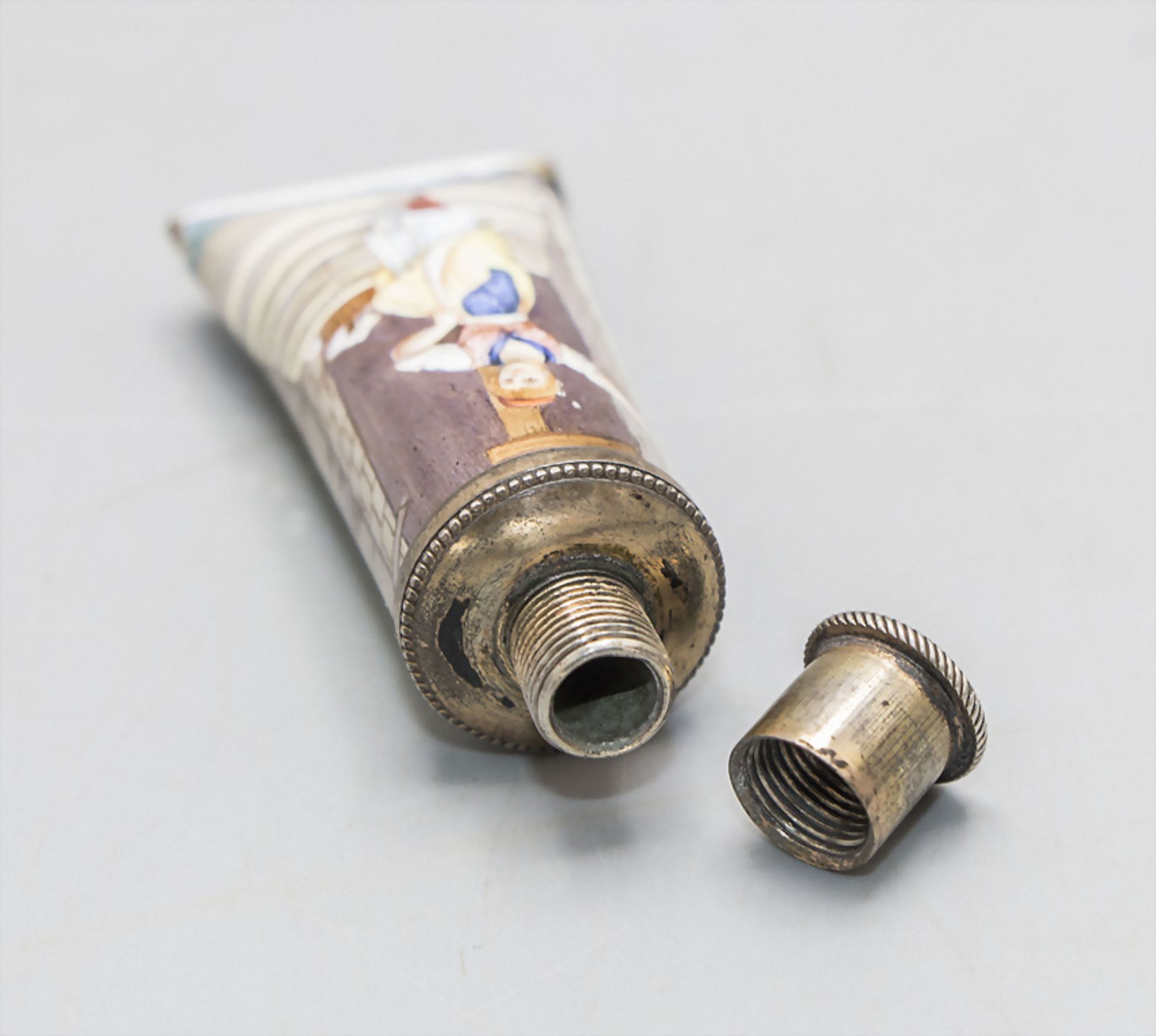 Miniatur Parfümflakon in Form einer Tube / A miniature enamelled tube shaped silver perfume ... - Image 2 of 5