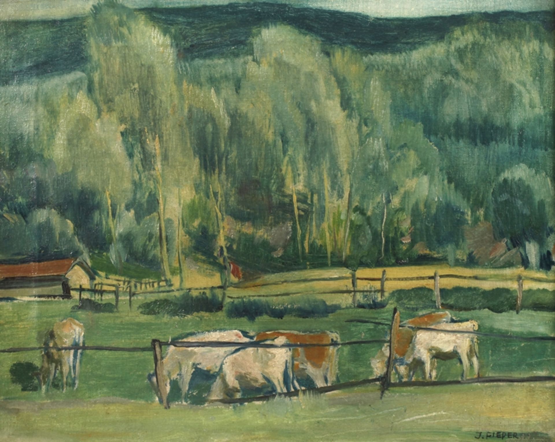 J. Pieper, Sommerliche Weide mit grasenden Kühen