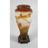Emile Gallé vase with brass base and dragonfly decoration