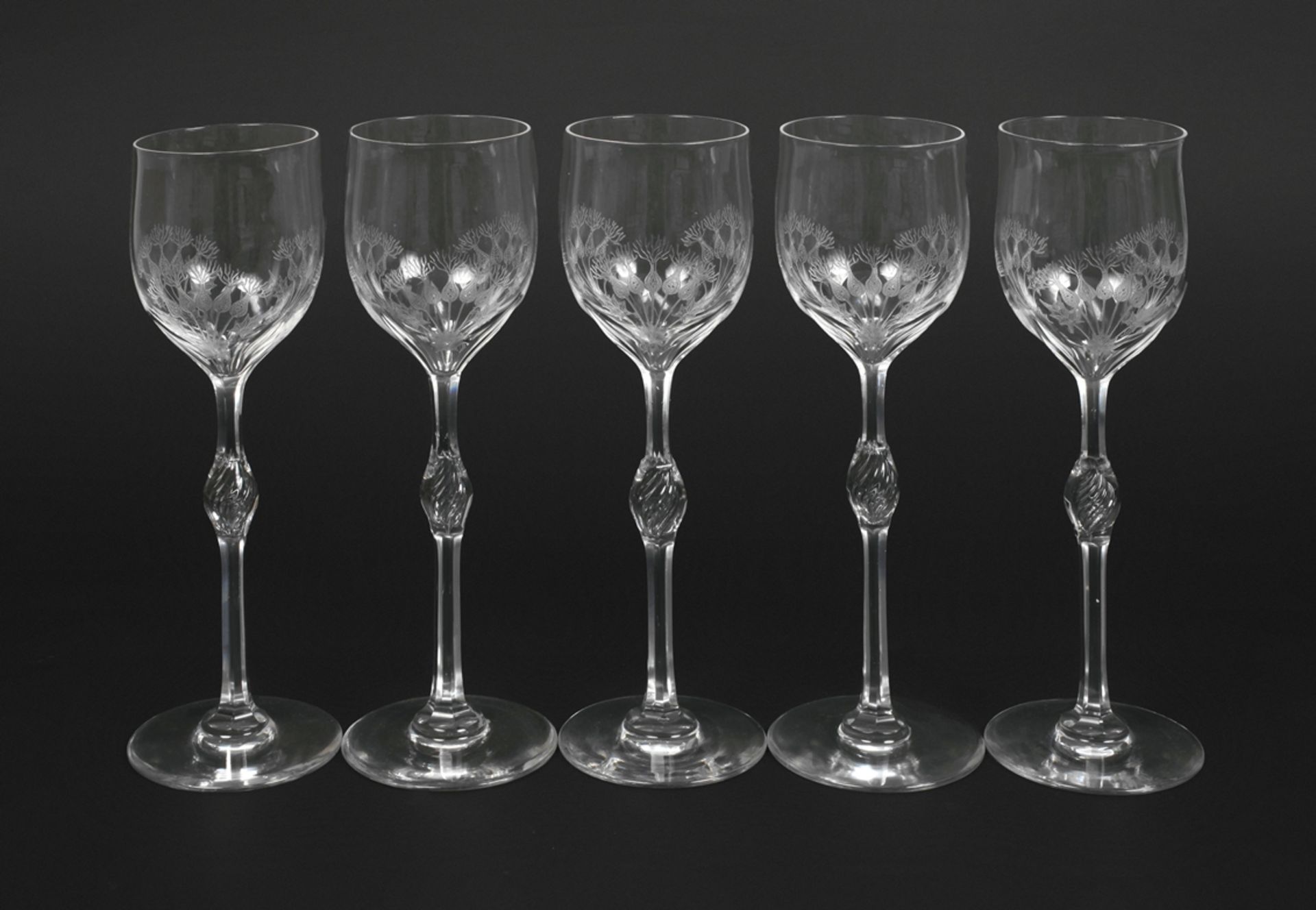 Five stemmed glasses with thistle decoration