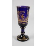 Cobalt glass goblet with etched gold painting