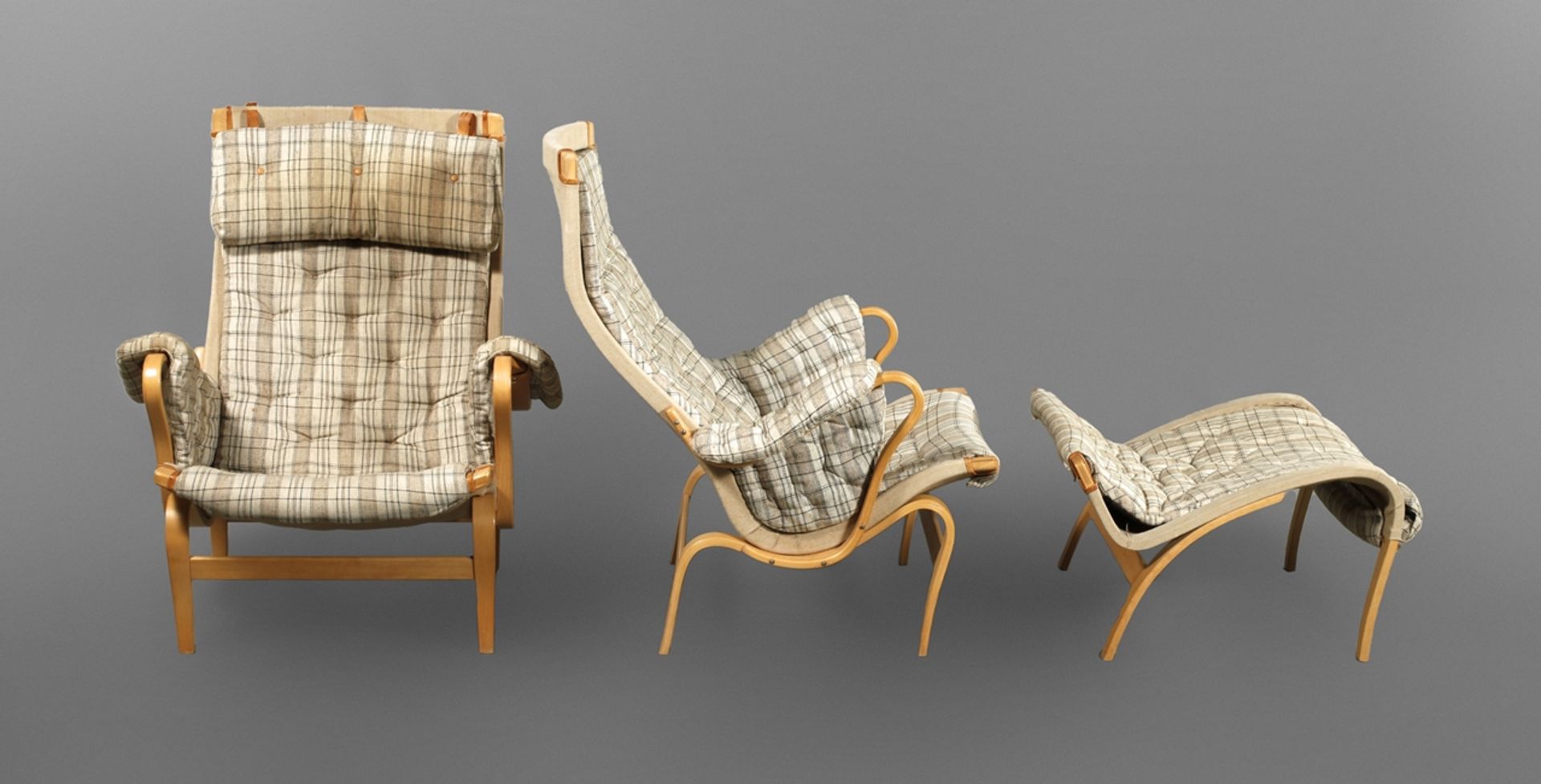 Bruno Mathsson, Two Pernille armchairs and ottoman