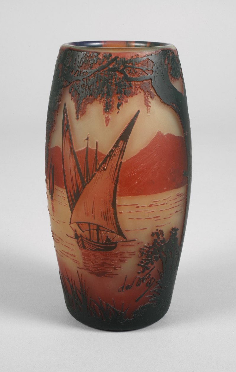 French etched glass vase with sailing boat