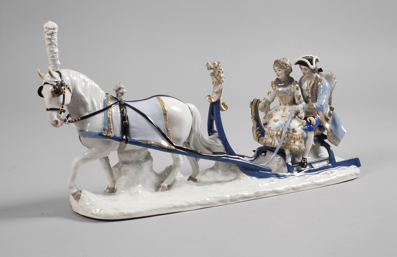 Meissen Rococo couple in a horse-drawn sleigh