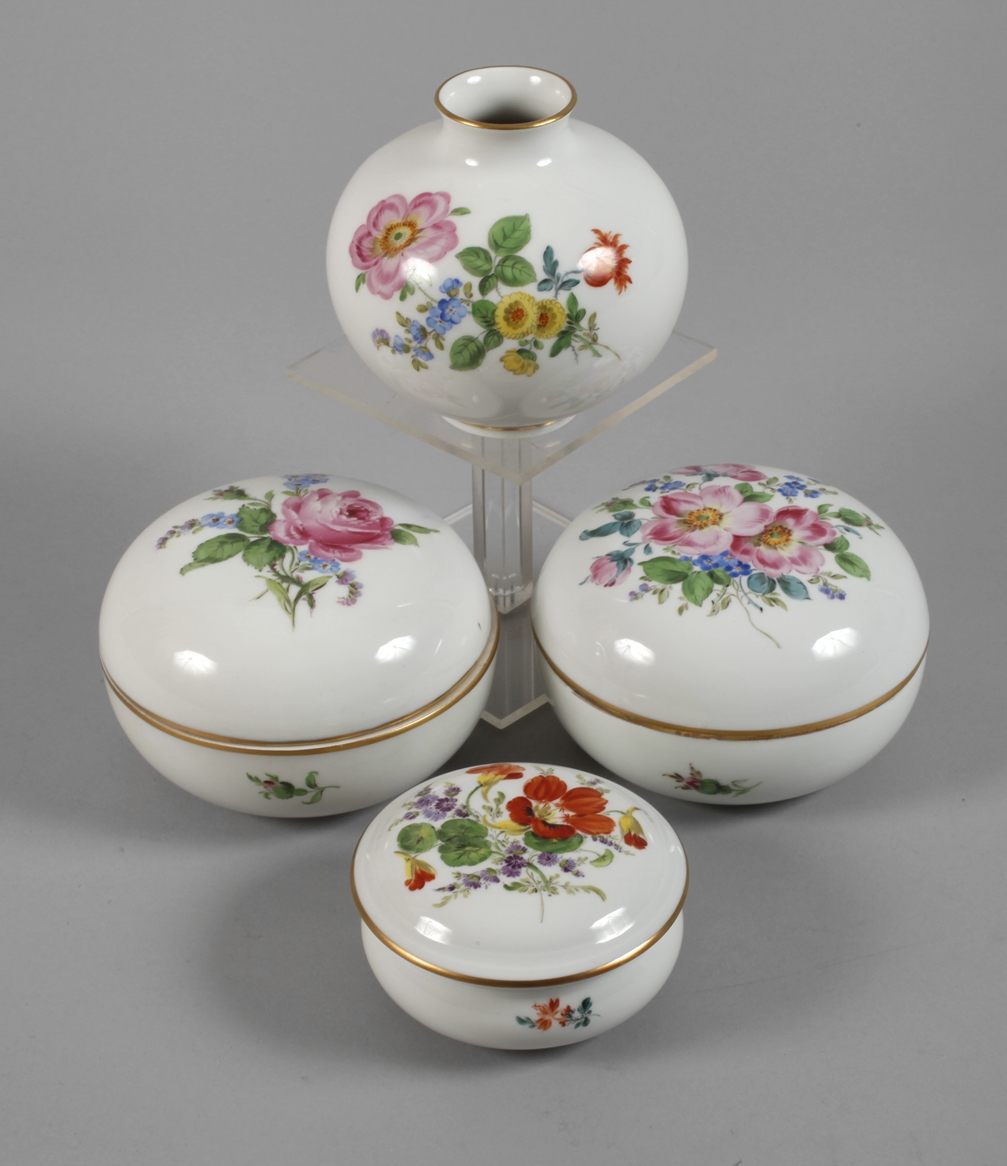 Meissen three cover boxes and vase flower painting