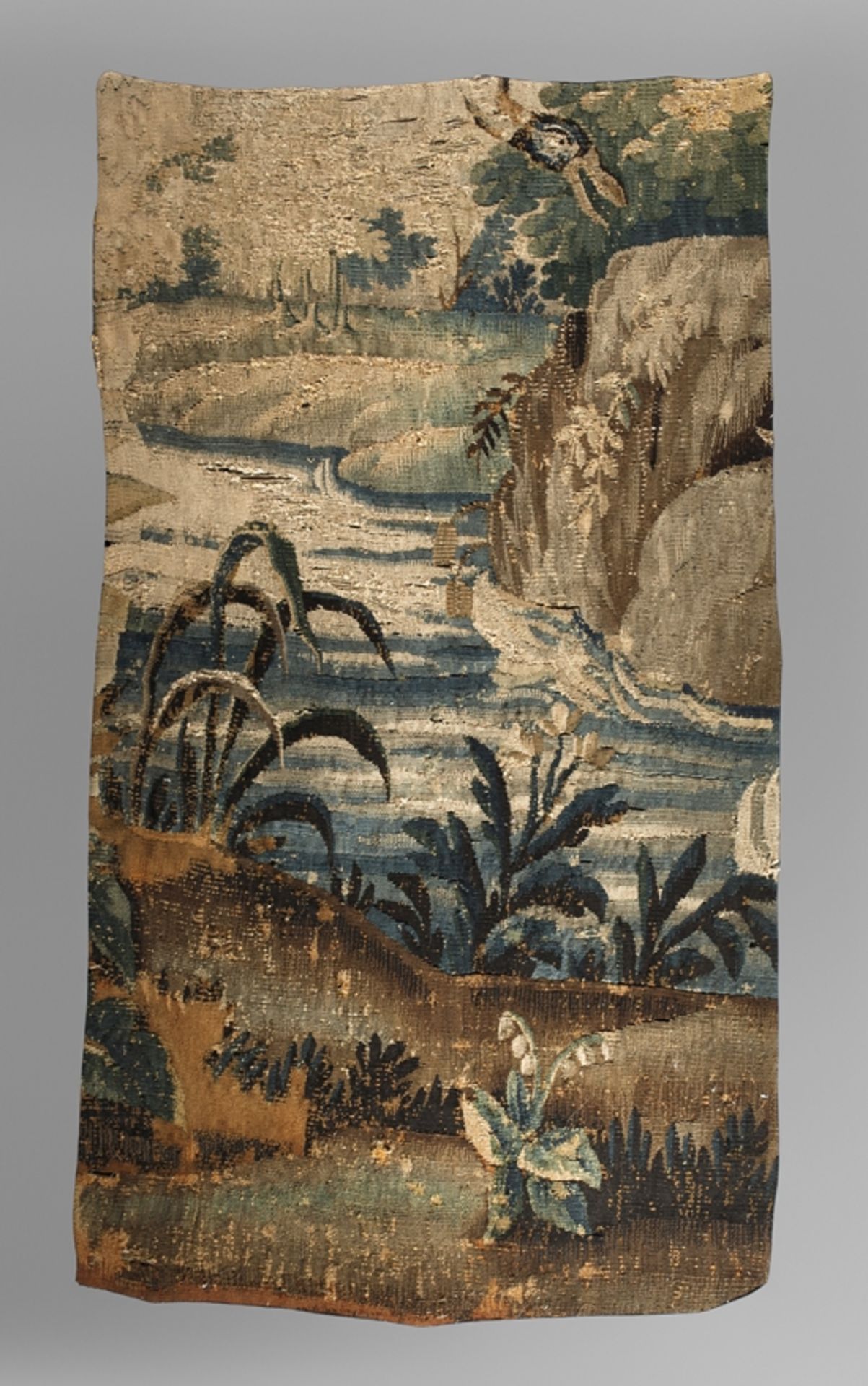 Tapestry fragment, river landscape