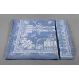 Art Nouveau table cloth and ten napkins, c. 1910, blue and white half-linen damask with hemstitchin