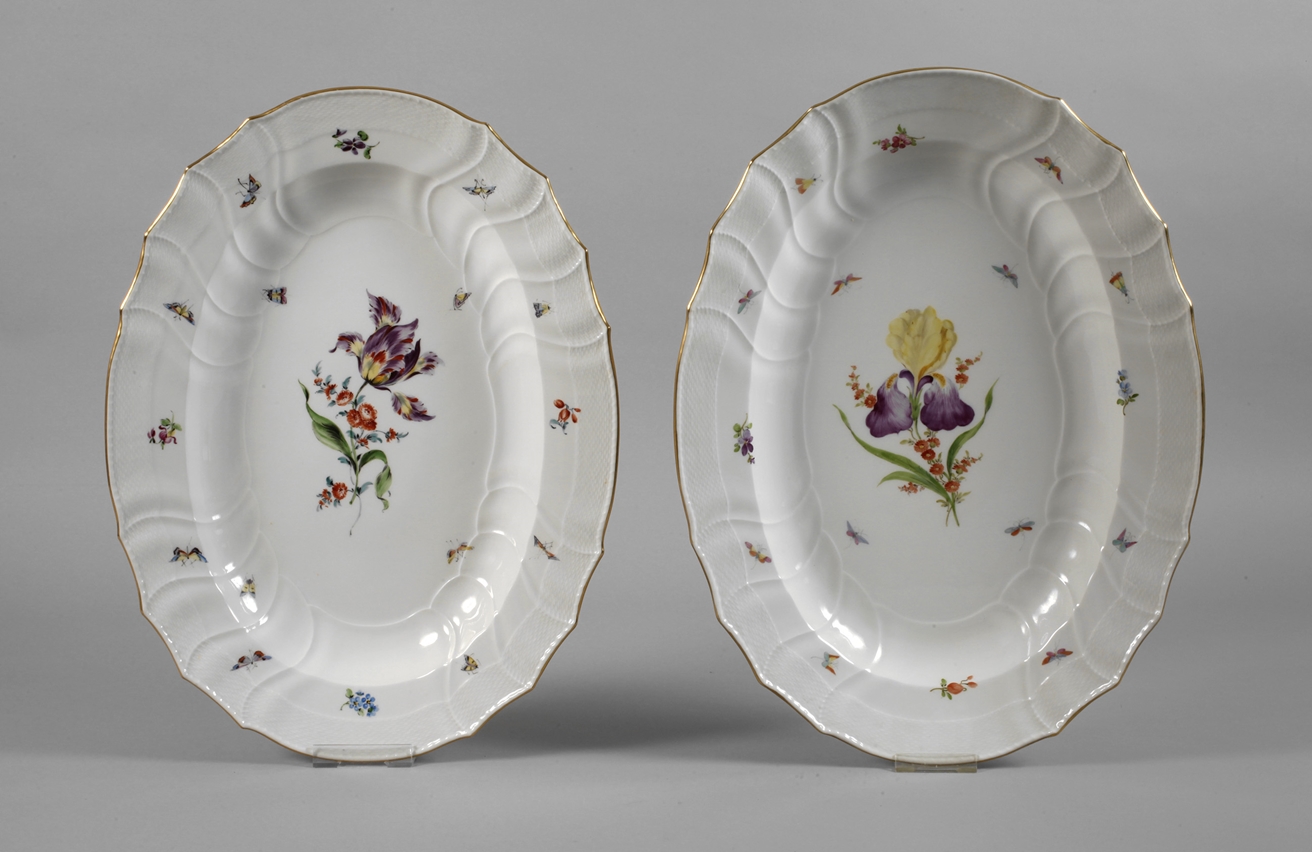 KPM pair of large serving platters, flowers and insects