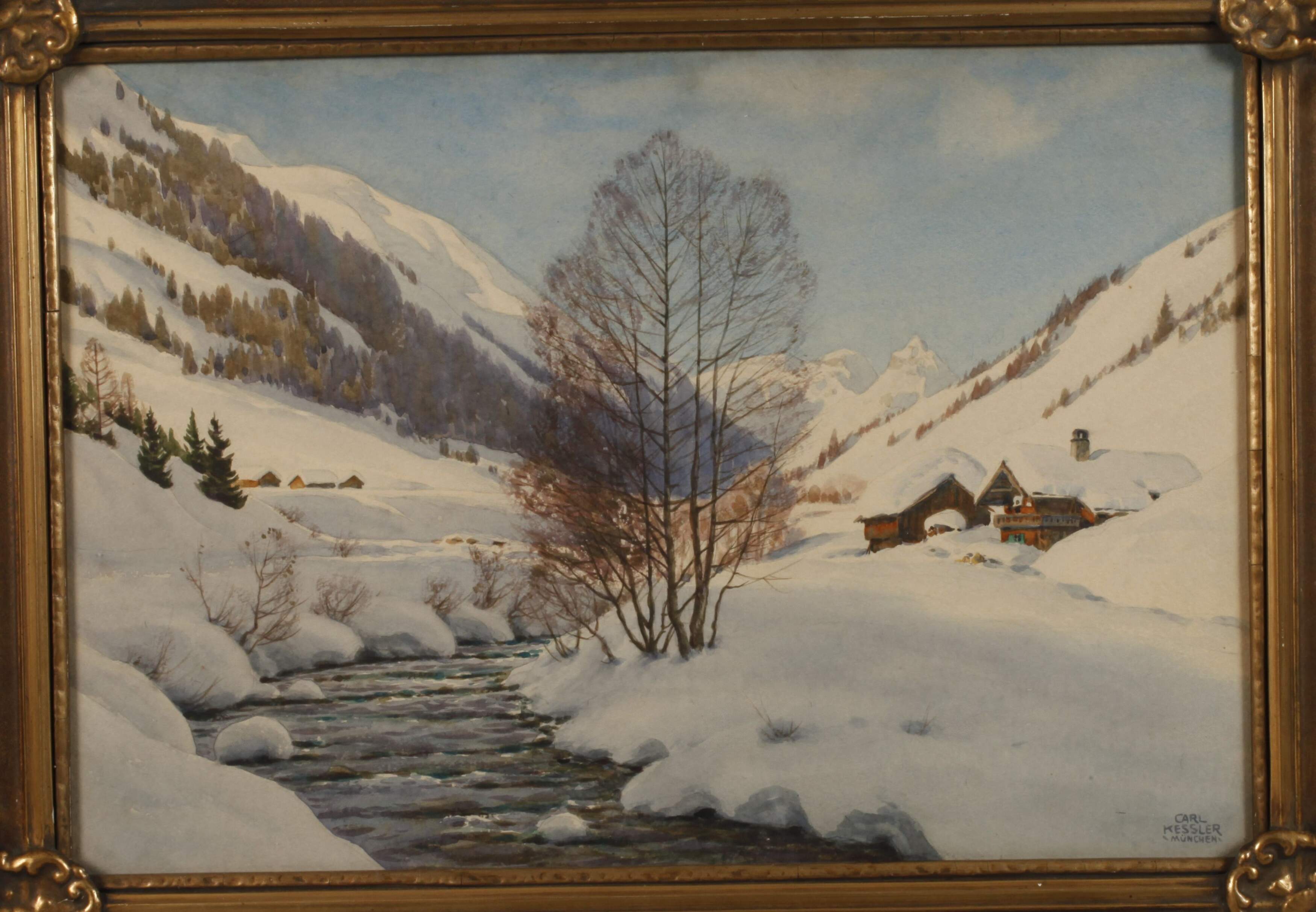 Carl Kessler, Dreamy alpine winter scene - Image 2 of 8
