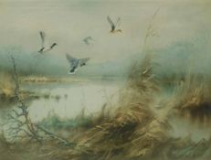 Arnold SCHATZ (1929 - c.1999). Teichlandschaft mit 4 aufsteigenden Enten.