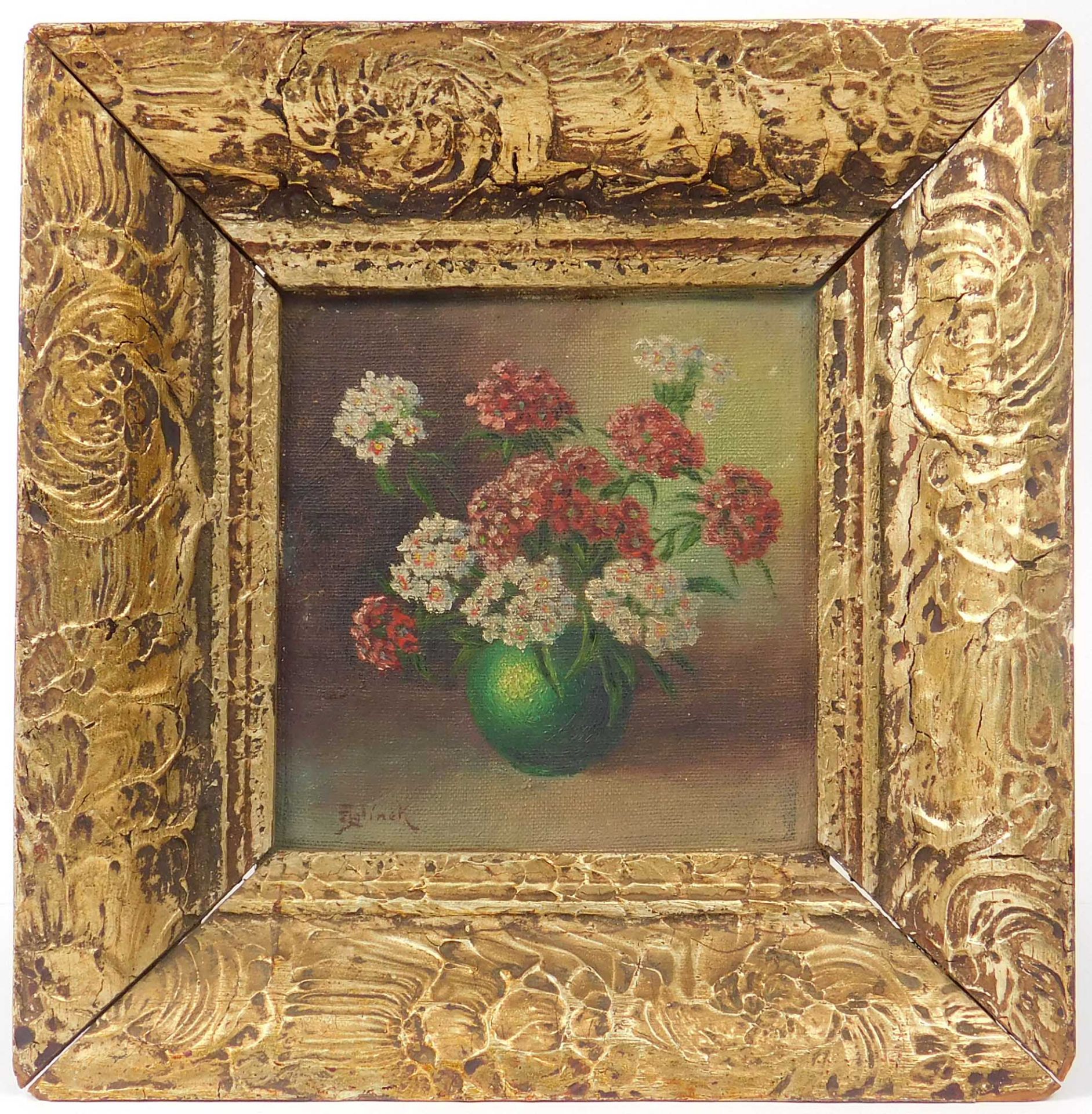 UNDEUTLICH SIGNIERT (XIX). Blumen in einer grünen Vase. - Image 2 of 5
