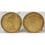 2x Sovereign Goldmünzen. 1872 und 1889.