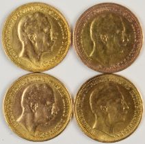 4 Goldmünzen. 20 Mark. Preußen. Wilhelm II. 1909.