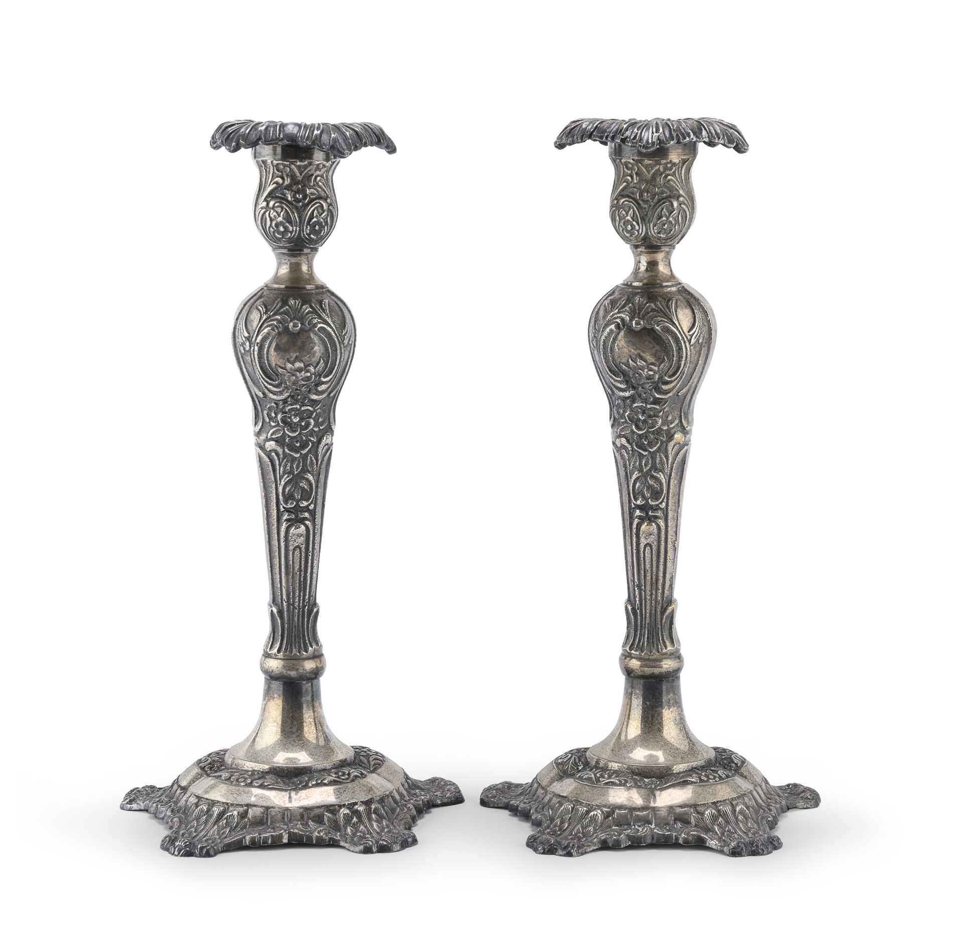 PAIR OF SILVER-PLATED BRONZE CANDLESTICKS EARLY 20TH CENTURY