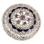 WHITE GOLD BROOCH WITH RUBIES AND ENAMELS
