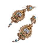 GOLD CAPRI EARRINGS WITH TURQUOISES EMERALDS AND ENAMEL