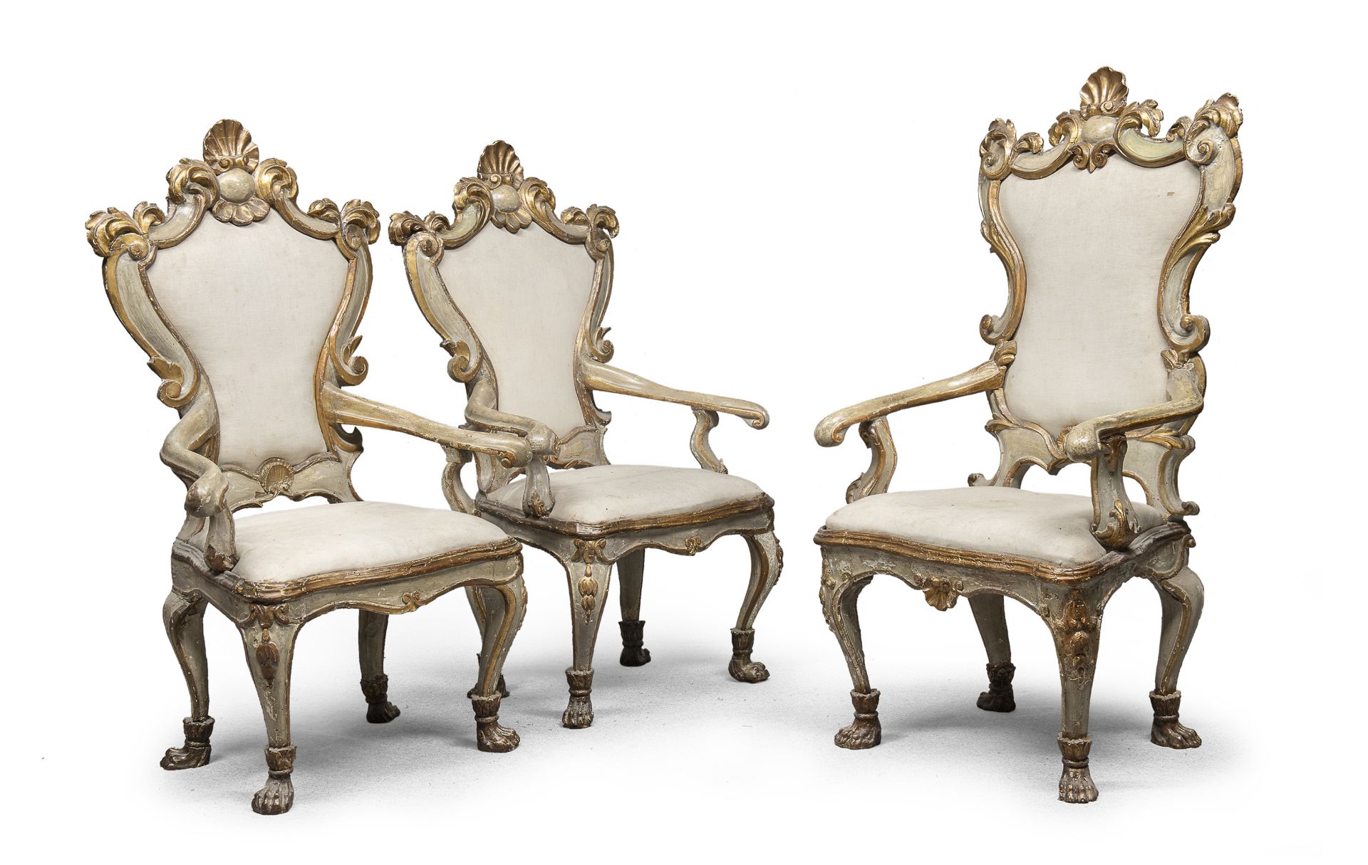 THREE LACQUERED WOOD ARMCHAIRS MARCHE STATE OF THE CHURCH 18th CENTURY