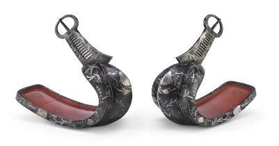 A PAIR OF JAPANESE RED LACQUER IRON SAMURAI ABUMIS 19TH CENTURY.