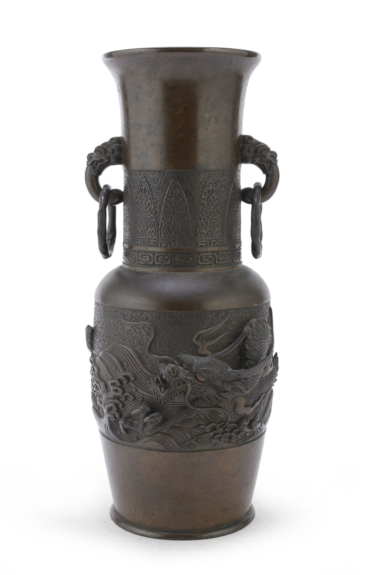 A BRONZE VASE JAPAN LATE 19TH EARLY 20TH CENTURY. GOOD CONDITION OVERALL. HOLE TO BOTTOM.