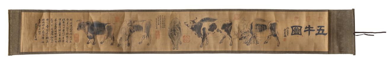 A MIXED MEDIA PAINTING ON SILK DEPICTING THE FIVE BUFFALOES CHINA FIRST HALF 20TH CENTURY