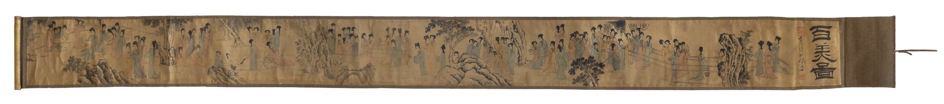 A MIXED MEDIA PAINTING ON SILK DEPICTING THE HUNDRED BEAUTIES CHINA 20TH CENTURY