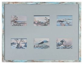 TWENTY-FOUR SMALL JAPANESE PRINTS WITHIN FOUR FRAMES. FROM HOKUSAI. 20TH CENTURY.