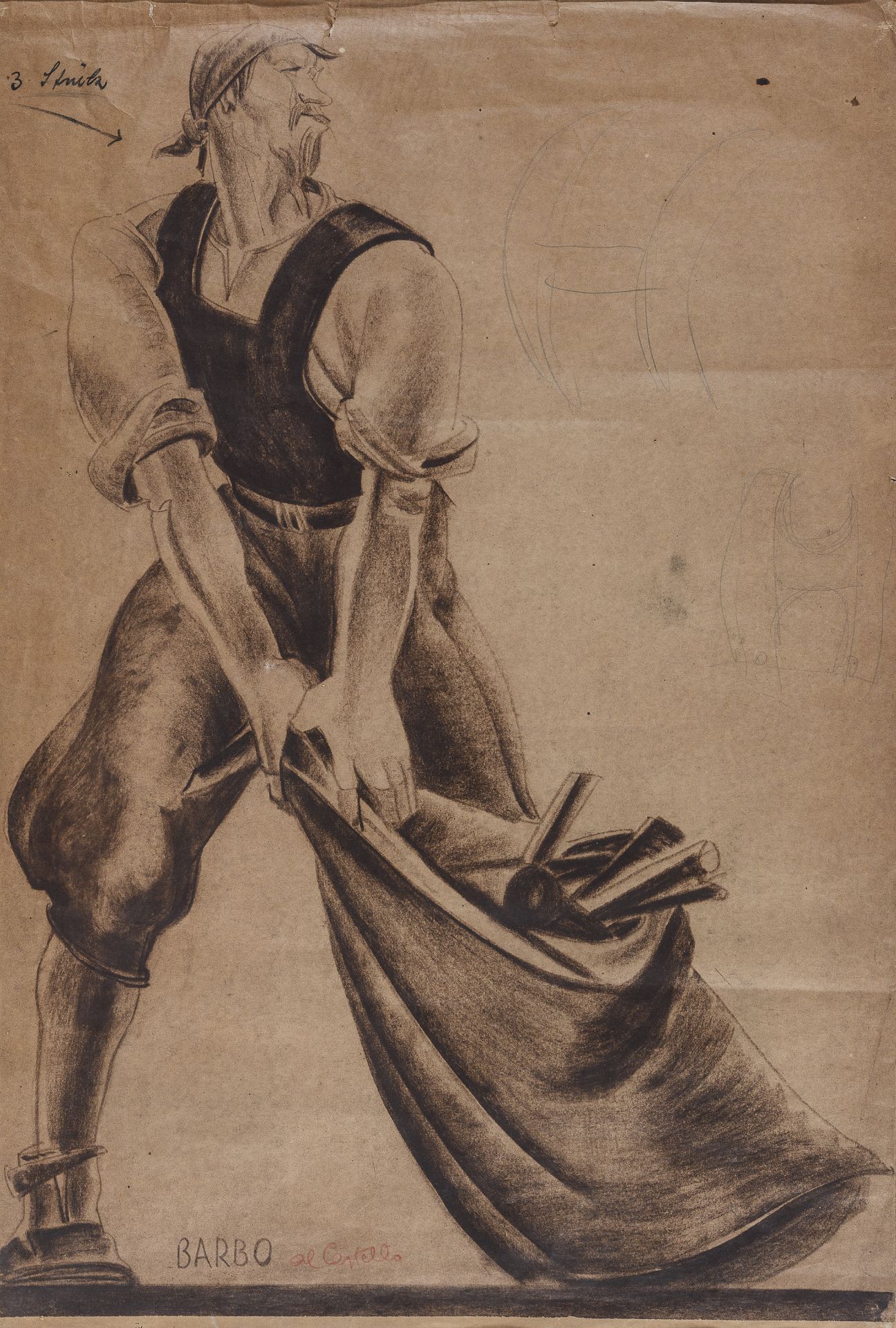 CHARCOAL DRAWING OF BARBO BY VIRGILIO MARCHI 1930s