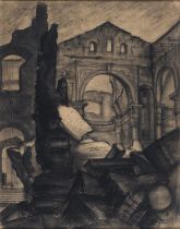 CHARCOAL DRAWING OF THE RUINS OF LIVORNO BY VIRGILIO MARCHI 1947