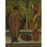 OIL PAINTING OF A MAN WITH SUITCASE 20TH CENTURY