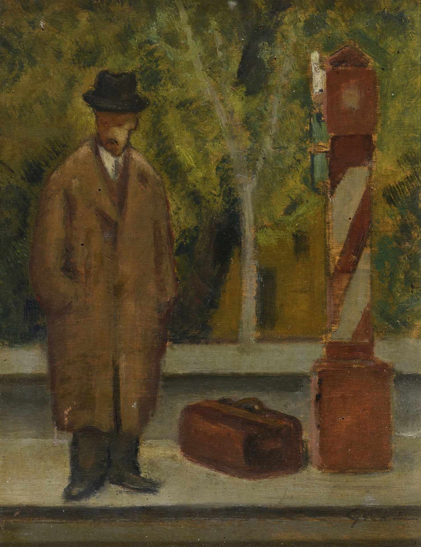 OIL PAINTING OF A MAN WITH SUITCASE 20TH CENTURY